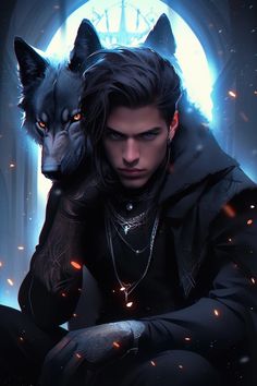 a man sitting next to a wolf in front of a blue moon with his hands on his chest