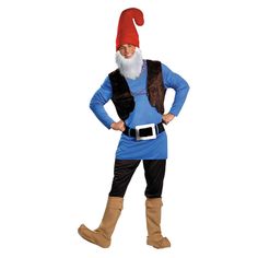 a man dressed in an adult sized costume with a gnome hat and boots, holding his hands on his hips