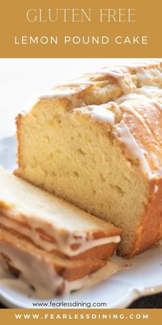 a loaf of lemon pound cake on a plate with the words gluten free lemon pound cake