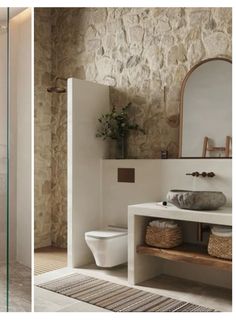 two pictures side by side one shows a bathroom and the other shows a stone wall