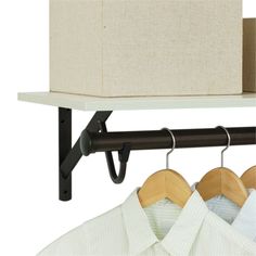 a shelf with clothes hanging from it's sides