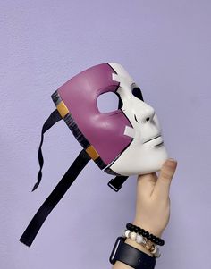 "BEST CHOICE FOR HALLOWEEN! Hello! This Mask is 3d printed, sanded and already painted. With straps and suitable for cosplay or decoration. Perfectly complements your look for party, birthdays and other holidays. Also is suitable for photoshoots and selfies. Nice gift for your friend or family member :) Before painting I should 3D print it, sand it and cover with primer. Mask is very comfortable to use, you can see well through the hollows near eyes. Sizing: ONE SIZE (7.2\"x6.2\"/18cmx15.5cm) Pr Purple Themed Costume For Cosplay Events, Themed Purple Costume For Cosplay Events, Themed Purple Costumes For Cosplay, Purple Anime Cosplay Costume For Halloween, Fandom Halloween Costume With Anime Print, Purple Harajuku Style Halloween Costume, Anime Style Purple Halloween Costume, Purple Masks And Prosthetics For Halloween Masquerade, Purple Halloween Mask And Prosthetics