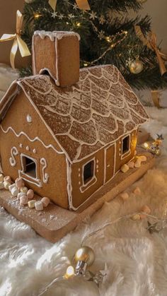 a gingerbread house is sitting in front of a christmas tree with lights on it