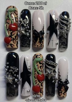 Skater Nails Acrylic, Fem Fatale Nails, Leopard Print Nails Y2k, 2000s Grunge Nails, Bleach Inspired Nails, Chunky Y2k Nails, I <3 Me Nails, Insidious Nails, Nail Art Advanced