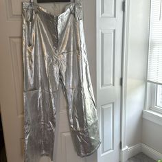 Boohoo Metallic Silver Pants. Inseam 31-32in. Nwt! High Waist Metallic Pants For Summer, Metallic High Waist Summer Pants, Metallic Wide Leg Summer Bottoms, Metallic Wide Leg Bottoms For Summer, Metallic Wide Leg Bottoms With Pockets, Metallic Wide Leg Summer Pants, Metallic Wide Leg Pants For Summer, Metallic Full Length Bottoms For Spring, Metallic Silver Pants