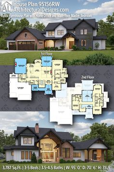 two story house plan with three car garages and an open floor plan in the middle