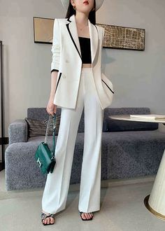 Women's Asymmetric Collar Double Breasted Blazer Pants Suit Set White Suit, Pants Suit, Matching Pants, Pantalon Large, Suit Pants, Breasted Blazer, Double Breasted Blazer, Suit Set, Sweater Coats