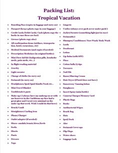 the packing list for tropical vacation is shown in purple and black text on white paper