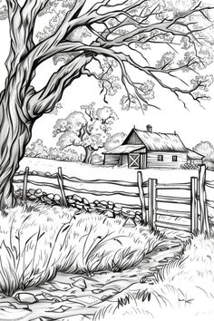 a black and white drawing of a farm with a tree in the foreground, fenced in