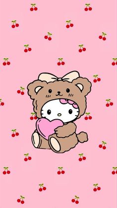 a teddy bear holding a heart on a pink background with cherries in the background