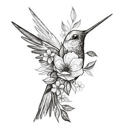 a black and white drawing of a hummingbird with flowers