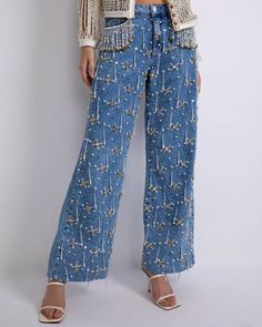 HAND-BEADED HIGH WAIST JEANS (RUNWAY) Jeans Runway, Spring 2023 Runway, Beaded Jacket, Bead Sewing, Nyc Shopping, Beaded Fringe, Waist Jeans, Runway Collection, Spring 2023