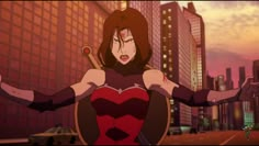 an animated image of a woman with her arms spread out in the air and holding two swords