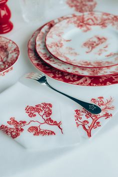 red and white dinnerware on a table