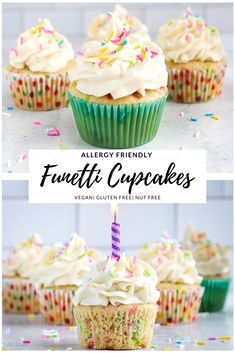 cupcakes with white frosting and colorful sprinkles on top are shown