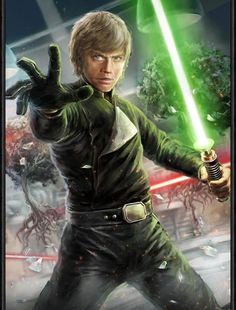 a star wars character holding a green light saber in his right hand and pointing at the camera