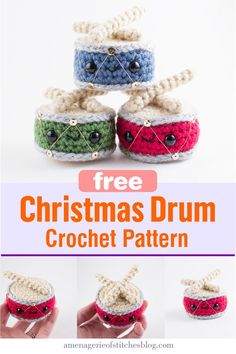 Free Christmas Drum DIY Crochet Pattern from A Menagerie of stitches Blog. Pattern uses Green, blue, red, tan, and grey yarn. Safety eyes and smiling for Christmas Crochet Drum, Kawaii Crochet Pattern, Crochet Mini Christmas, 12 Drummers Drumming, Christmas Drum, Crochet Lemon, Bobble Blanket, Drum Patterns