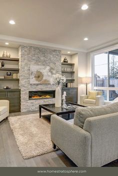 a living room filled with furniture and a fire place in the middle of a room