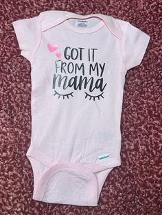 Onesies are made with vinyl, they tend to run small so we recommend sizing up if you can't decide.  Baby girl onsie, baby girl body suit, got it from my mama body suit. New baby gift, girl gift, baby gift, baby clothes, cute onsie ideas Playful Pink Short Sleeve Bodysuit For Spring, Pink Playful Short Sleeve Bodysuit For Spring, Pink Short Sleeve Bodysuit For Spring, Spring Pink Short Sleeve Cotton Bodysuit, Fitted Short Sleeve Onesie For Birthday, Funny Cotton Onesie For Babies, Fun Fitted Cotton Bodysuit, Birthday Fitted Letter Print Bodysuit, Playful Pink Short Sleeve Bodysuit