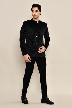 Black full sleeves bandhgala with Ferocious tiger cutdana embroidery. Paired with a trouser. - Aza Fashions Party Wear Bandhgala With Resham Embroidery And Long Sleeves, Party Wear Long Sleeve Bandhgala With Resham Embroidery, Designer Long Sleeve Bandhgala For Party, Long Sleeve Bandhgala With Resham Embroidery For Party, Luxury Black Long Sleeve Bandhgala, Luxury Long Sleeve Black Bandhgala, Luxury Black Long-sleeve Bandhgala, Reception Party Wear Bandhgala With Long Sleeve, Luxury Black Bandhgala With Resham Embroidery