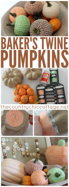 some pumpkins are sitting on a table with the words baker's twine pumpkins