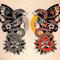 two women with dragon and flower tattoos on their bodies, one in the shape of a head