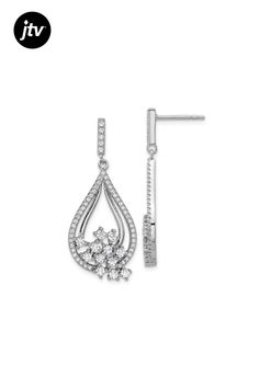 Rhodium over sterling silver fancy teardrop dangle earrings with round cubic zirconia stones and polished finish. Measure approximately 1 7/16"L x 5/8"W and have post and push back closures. Teardrop Chandelier Earrings With Diamond Accents, White Gold Teardrop Cubic Zirconia Chandelier Earrings, Teardrop Cubic Zirconia Chandelier Earrings For Formal, Silver Pear-shaped Chandelier Earrings With Diamond Accents, Silver Chandelier Earrings With Diamond Accents, Silver Diamond Teardrop Pendant Earrings, Silver Teardrop Pendant Earrings, Silver Teardrop Earrings With Diamond Accents, Dazzling Sterling Silver Teardrop Chandelier Earrings