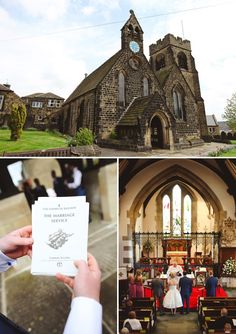 the wedding ceremony is being held in front of an old church