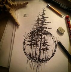 an ink drawing of a pine tree surrounded by other pencils and crayons