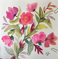 a watercolor painting of pink flowers and green leaves on a white paper with clippings