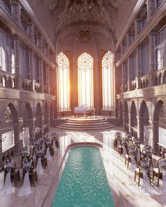 an indoor swimming pool in the middle of a large room with tables and chairs around it