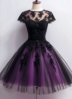 Any things please feel free to contact us: sales@cutedressy.com ******* Product Details******* Product Number:#GVB4 Fabric: Black and Purple Color: Tulle Back Style: Lace-up Hemline: Knee Length Making time: 2-3 weeks, Shipping time: 3-5 working days. Custom size/color, Rush Order is available, and no extra cost.  **** Fitted Tulle Dress For Banquet, Purple Tulle Dress For Banquet, Short Sleeve Tulle Dress For Banquets, Short Sleeve Tulle Dress For Prom Season, Short Sleeve Party Dress With Illusion Neckline, Party Dress With Illusion Neckline And Short Sleeves, Short Sleeve Dress With Illusion Neckline For Party, Purple Lace Dresses For Prom, Purple Tulle Evening Dress