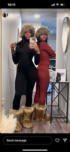 Winter Dates Black Couples, Cabin Trip Outfit Winter Black Women, Fury Boots Outfit, Matching Winter Outfits Friends, Yeti Boots Outfit, Cute Cabin Outfits, Cabin Aesthetic Outfit, Brown Fur Boots Outfit, Fur Boots Outfit Black Women