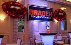 a football themed event with balloons and decorations