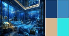 a bedroom with blue walls and an aquarium in the corner is featured in this color scheme