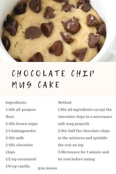 chocolate chip mug cake recipe in a white bowl with text overlay that reads, chocolate chip mug cake