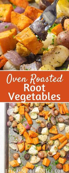 roasted veggies on a sheet pan with text overlay that reads oven roasted root vegetables