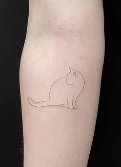 a white cat tattoo on the right arm and left leg, with a black outline