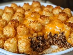 a close up of a plate of food with tater tots and cheese on it