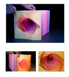 three different views of an object made out of folded paper and colored lightening material