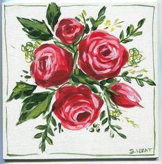 a painting of red roses with green leaves on a white square background, painted in acrylic paint