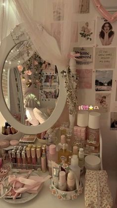 there is a vanity with many items on it