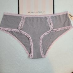 Victoria's Secret ~ Y2k Supersoft Modal Blend Lace Hiphugger Panties Color: Grey/ Light Pink Trim Size: Large Production: 2011 Fabric: Cotton, Modal, Spandex Condition: Brand New With Tag *Other Colors Of This Style Available In My Closet! **Bundle For Discounts Victoria's Secret Pink Brief Bottoms, Pink Stretch Bottoms By Victoria's Secret, Victoria's Secret Pink Stretch Bottoms, Victoria's Secret Pink Pants, Victoria's Secret Pink Bottoms For Spring, Organic Pads, Pink Trim, Grey Light, Victoria's Secret Pink