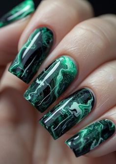 # nail arts# Green Nails With Stones, Nails For Australia, Wizard Of Oz Nails Designs, Green Marble Nails Acrylic, Slytherin Nails Acrylic, Emerald Green Marble Nails, Slytherin Nail Ideas, Slytherin Nail Art, Green Gel Nails Ideas