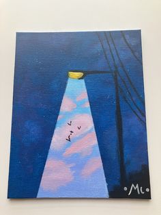 an acrylic painting of a street light with birds flying in the sky at night