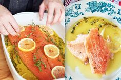 two pictures side by side one with salmon and the other with lemons on it