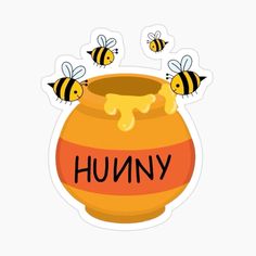 a sticker with the words hummy on it and three bees flying over a honey pot