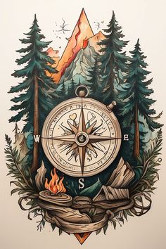 a drawing of a compass with trees and mountains in the background