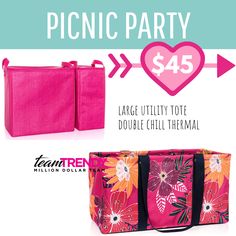 a pink bag with flowers on it and the words picnic party $ 45 for large utility tote double chilli thermal