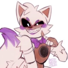 a drawing of a cat with purple hair holding a guitar and wearing a bow tie